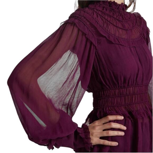 NWT Farm Rio Chiffon Ruffled Blouse in Bordeaux - Sz Large - Picture 2 of 15